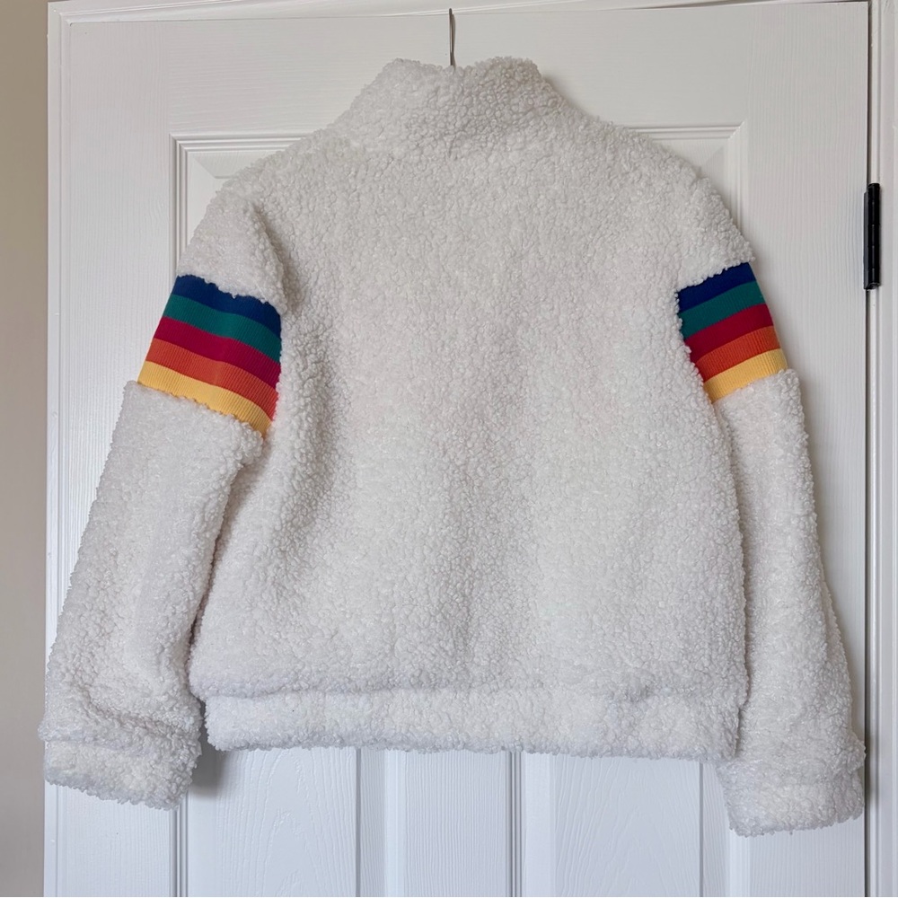 Paper Crane White Sherpa Jacket with Rainbow Stripes — Size Small 🌈 - Picture 4 of 6